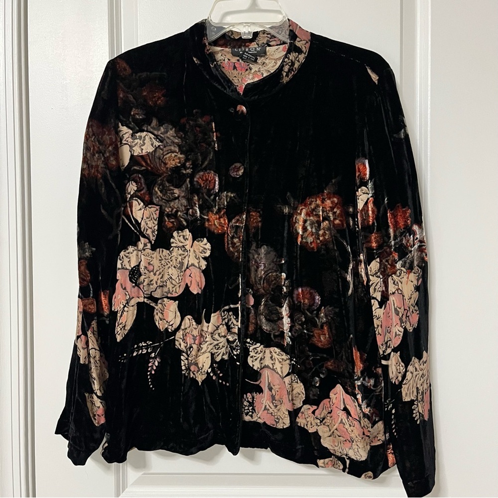 Citron VTG Black Velvet Burnout Floral Silk/Rayon Button Up Tunic Blouse Size PL